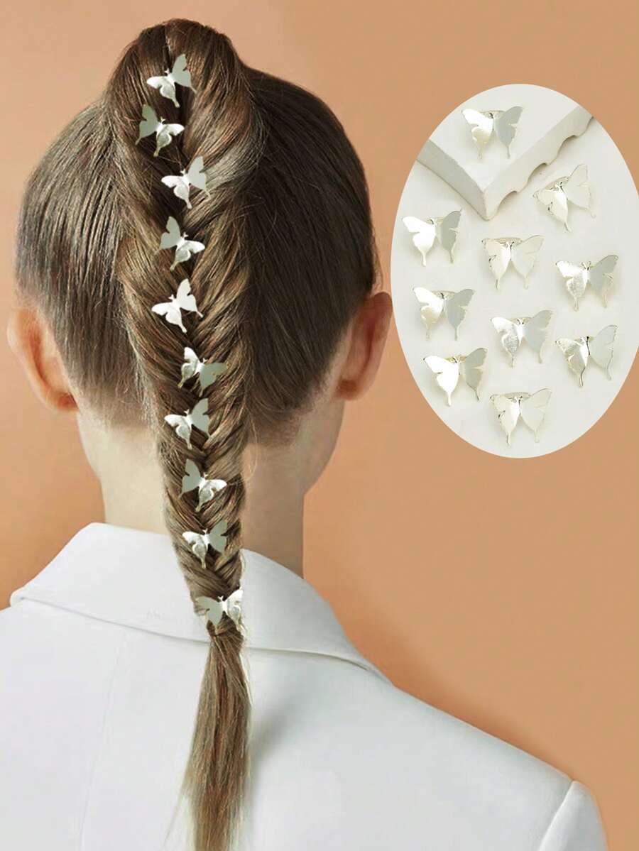 10pcs Silver Butterfly Hair Rings, Mini Butterfly Hair Clips Suitable For Braids, Wigs, Extensions - Silver - View 1