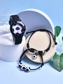 3件套男士礼品，2026新款足球运动手表，柔软硅胶表带石英腕表，可调节编织绳手链 - 黑色 - 查看 6