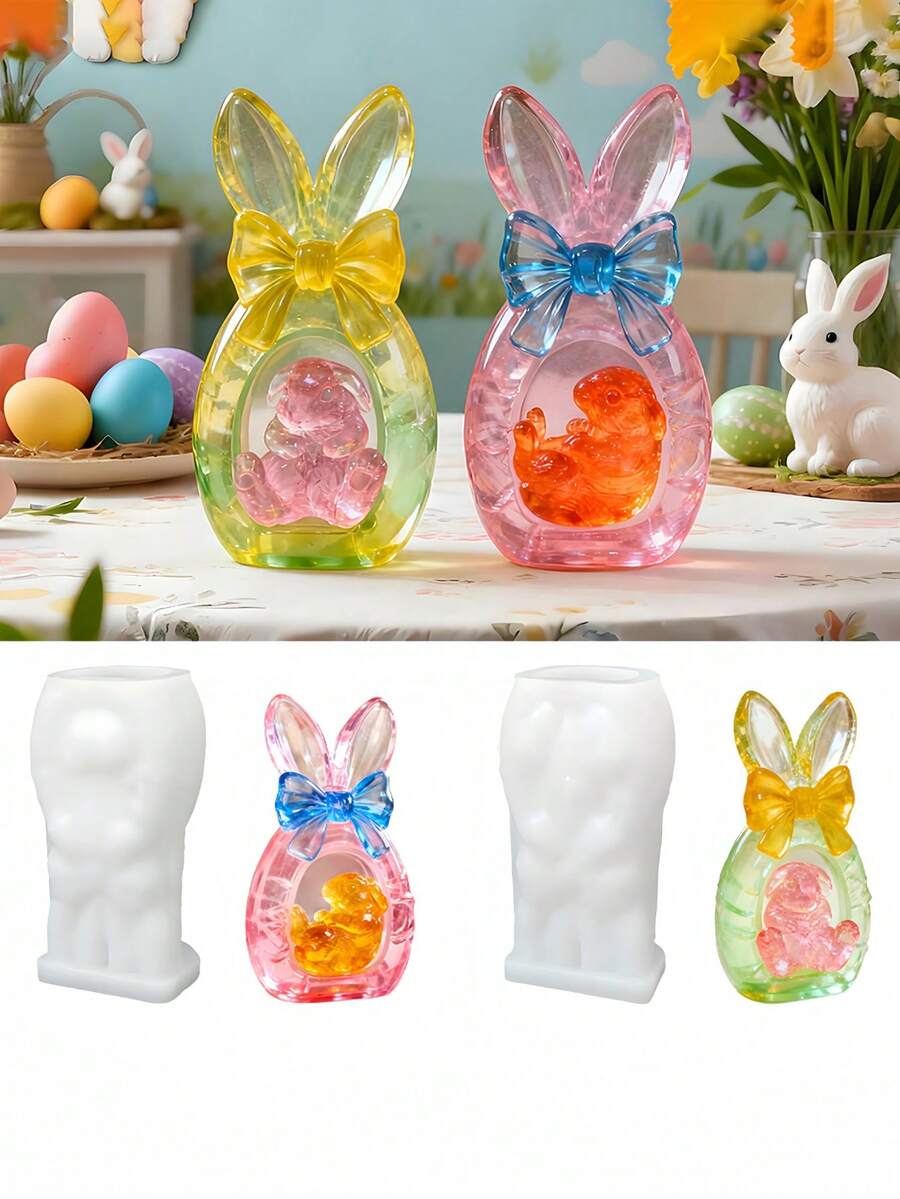 1个复活节彩蛋造型兔子蜡烛硅胶模具，DIY香薰饰品蝴蝶结石膏模具 - 复活节、情人节、开斋节和宰牲节的完美礼物 - 彩色 - 查看 1