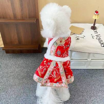 Chinese New Year Festive Red Princess Dress, Warm Thermal Lining, Suitable For Small Pets Like Cats And Dogs, Chihuahua, Poodle, British Shorthair, Ragdoll, No Buckle Design