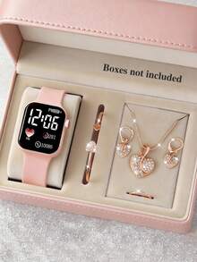 这款时尚优雅的女童LED心形电子手表首饰套装包含心形手链、项链、戒指和耳环，适合女孩、学生佩戴，也适合日常上学、聚会、旅行等场合，是送给朋友、生日、圣诞节和其他节日的完美礼物。 - 粉色 - 查看 11