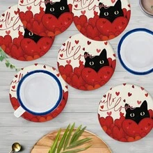 2pcs/4pcs/6pcs Red Heart, Cute Cat Pattern Silicone Placemats, Valentine's Day Style, Holiday Gift, Seasonal Decor, Suitable For Dining Table, Coffee Bar, Washable, Home Decor, Coasters, Draining Mats, Kitchen Table Mats, Indoor/Outdoor Party Decorations, Ideal Gift - Multicolor - View 3