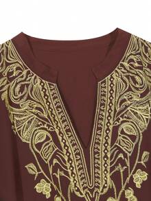 Đầm Kaftan màu đỏ rượu vang dành cho nữ cỡ lớn, cổ chữ V, thêu vàng, tay ngắn, dáng rộng, thoải mái, thích hợp mặc đi biển nghỉ mát. - màu nâu - Xem 5