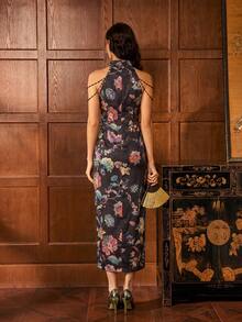 女士无袖提花花卉设计 | 高开衩 | 新款中式正式礼服，适合正式晚宴、红毯活动、盛大晚会、婚礼、慈善舞会等场合 - 尽显优雅风范 - 黑色 - 查看 3