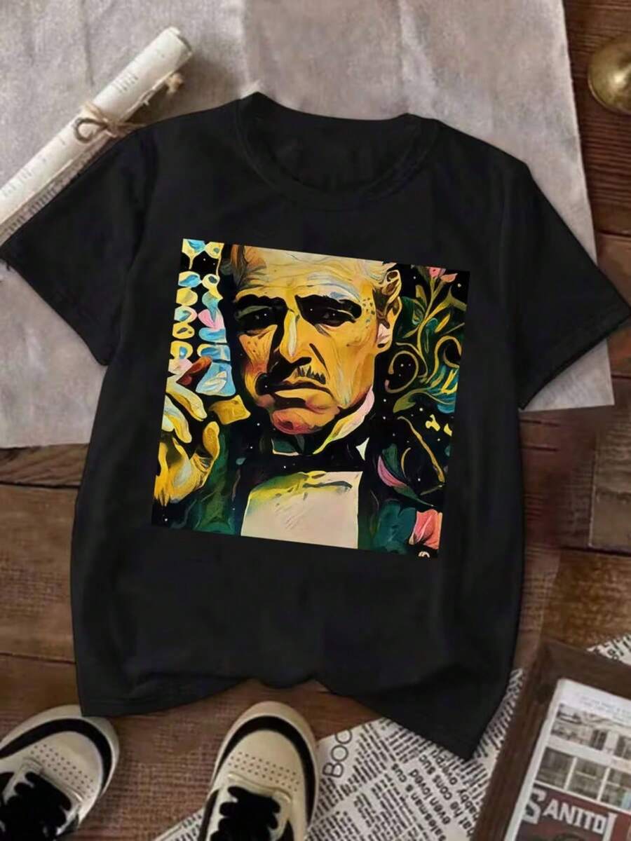 1pc Marlon Brando Oil Painting Style Print Women'S Short Sleeve T-Shirt  Fashionable, Comfortable, Casual Fit, Perfect For Daily Wear And Festive Gifts - 黑色1 - 查看 1