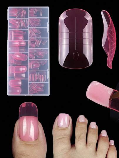 150PCS,15 Sizes, Polygel Nail Forms For Toes, Square Poly Gel Toenail Molds For Nail Extension, Reusable Pre-Designed French Line Toe Nail Tips Mold , Pink