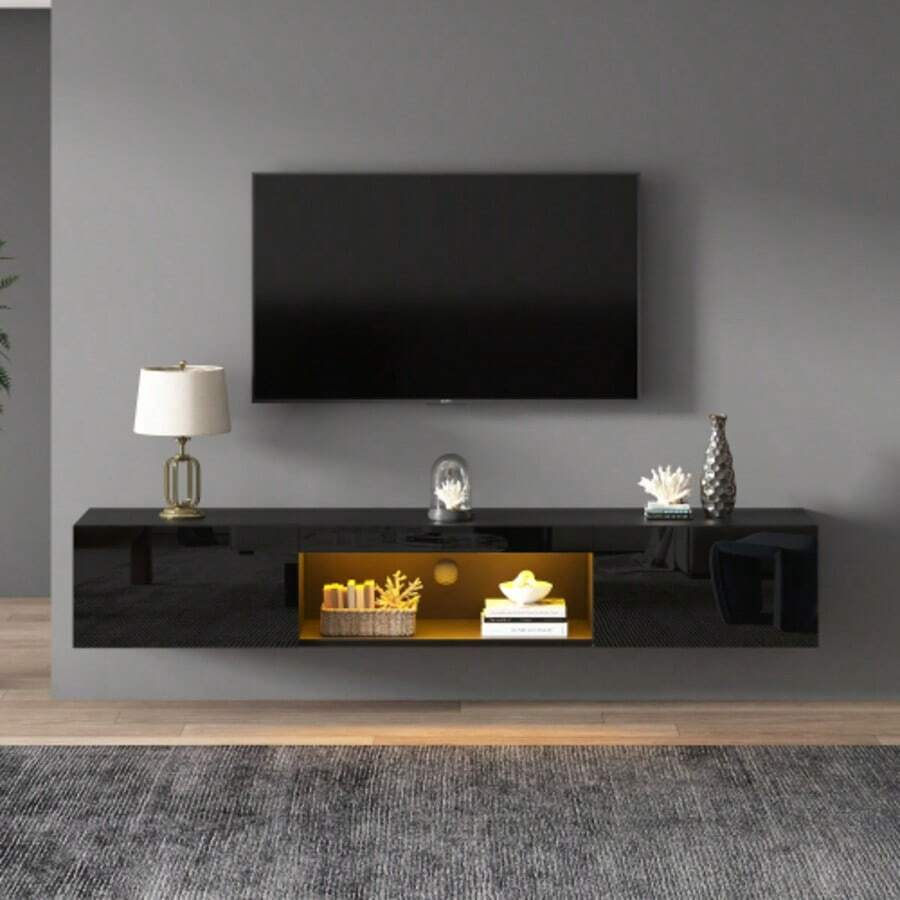 High-Gloss Wall-Mounted TV Cabinet, 160*31*22 Cm, With LED Lighting, Low Cabinet, TV Table, TV Stand, TV Chest, Wall-Mounted TV Mount, For 70-Inch TVs, 35 Kg Load Capacity, Black - Black - View 1