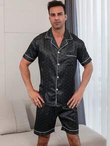 2pcs Men's Satin Silk Geometric Print Short Sleeve Top And Shorts Pajama Set - Black - View 2