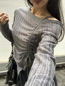 Women's Casual & Commuting Korean Style Asymmetrical Open Shoulder Drawstring Ruched Long Sleeve T-Shirt, Spring/Autumn - Grey - View 6
