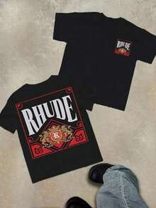 Rhude Pattern Printed Round-Neck-Shirt (Cotton-Shirt)% Cotton Fabric - Street Style Neutral Round-Neck Breathable Short-Sleeved-Shirt, Retro, Casual, Versatile And Fashionable Summer Men's Daily Wear-Shirt - 黑色 - 查看 5