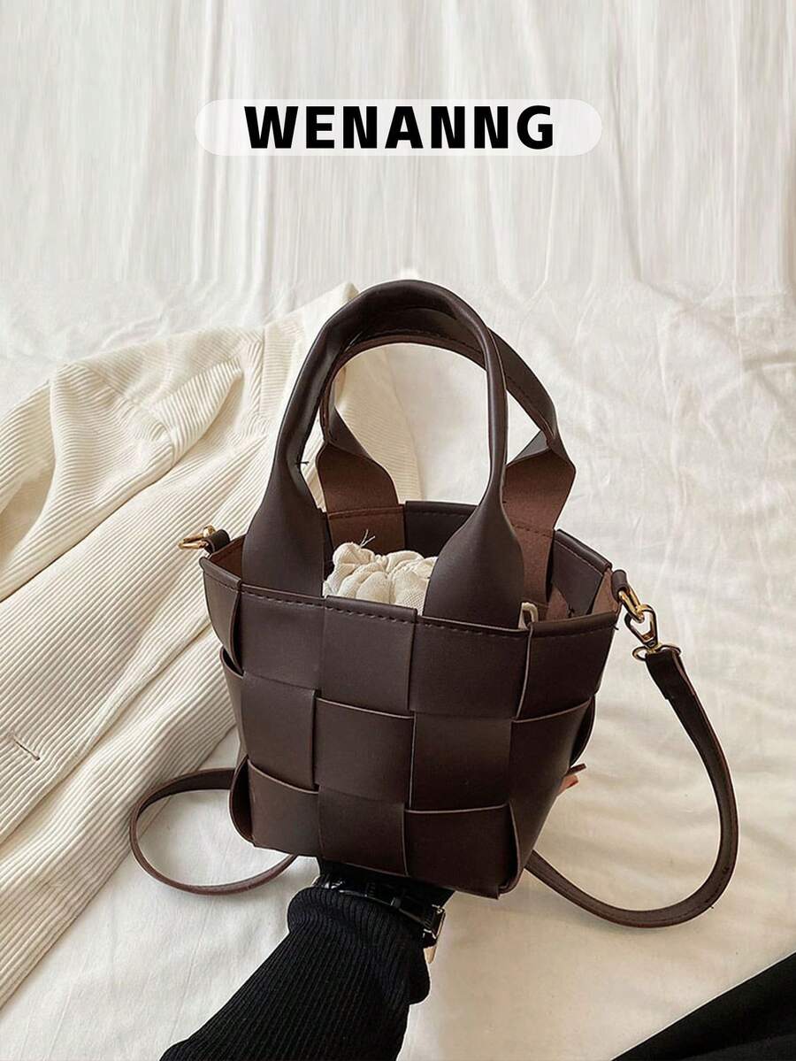 小水桶包格紋圖案雙把手適用於日常 - 咖啡棕 - 查看 1