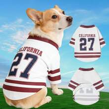 1 pieza Chaleco vintage de rayas blancas con patrón de 27 letras y números para perros/gatos, fresco, casual, transpirable y cómodo top de tirantes para perros - Rojo y blanco - Ver 7
