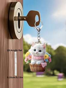 Cute Cat Acrylic Pendant, Cat Shaped Bag Charm, 2D Acrylic Pendant, White Cat Sitting In Flower Basket, Car Keychain, Home Decor, Pet Lover Gift, Fun Decor, Smooth Texture, Outdoor Decor, Gift, Souvenir, Gift For Friends, Family, Girls, Unique Birthday Gift, Party Gift, Holiday Gift, Teacher Gift - Multicolor - View 11