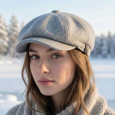 1顶纯色复古八角帽，男女通用贝雷帽，百搭报童帽，适合秋冬季佩戴