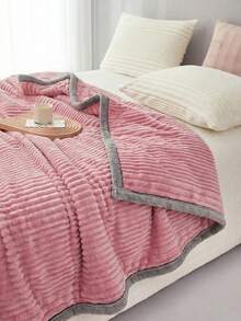 1pc Polyester Solid Color Striped Letter Throw Blanket, Suitable For Autumn/Winter, Gift, Bedroom & Living Room Decor - Red Bean Paste Color - View 7