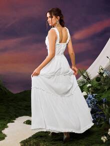 Faeriesty 女士仙女风吊带中长连衣裙 - 采用透气面料，胸部饰有刺绣图案，裙摆飘逸荷叶边，非常适合约会、度假或作为伴娘礼服。 - 白色 - 查看 2