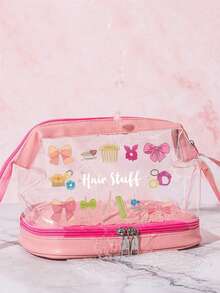 PVC材质便携透明化妆包，印有“发饰”字样和各种蝴蝶结图案，大容量双层干湿分离防水洗漱包，多功能女性旅行化妆收纳包，适用于洗漱包 - 彩色 - 查看 13