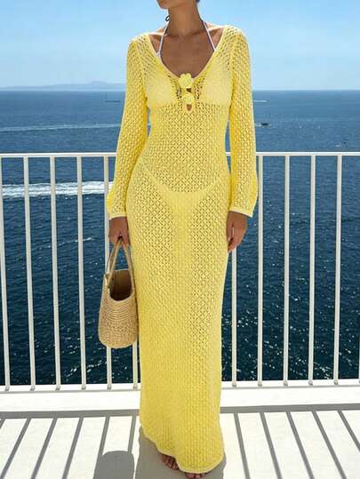 Spring/Summer Women's Fashionable Elegant Urban Modern Casual Minimalist Beach Resort Dress Yellow 3D Floral Design Backless V-Neck Cutout Sheer Fitted Dress Women's Summer Dress Spring Outfit Women's Party Dress Women's Beach Dress Outing Attire