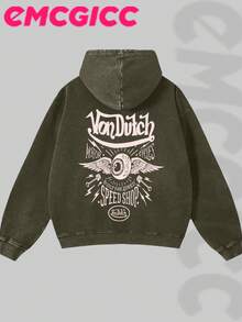 EMCGICC Manfinity Y2k Men Washed Hoodie,Street Outdoor Life Hip-Hop Style Christmas Thanksgiving Gifts Men's Sweatshirt Washed Hoodie - Retro Distressed Washing Process Long Sleeves Regular Fit Street Style Digital Printing Casual Pullover With Kangaroo Pocket Ideal Gift - 墨綠色 - 查看 3