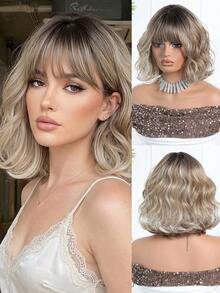 12 Inch Heat Resistant Ombre Golden Synthetic Wig With Bangs, Curly Wavy Gradient Color Wig For Daily, Date, Casual Styling - Blonde Ombre - View 11