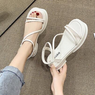 Sandalias de suela gruesa con talón de mujer Prendas de abrigo estilo hada para estudiantes Falda versátil con tacón grueso Nuevas sandalias romanas de moda para mujer para el verano Sandalias romanas con tiras cruzadas y tacón grueso para mujer