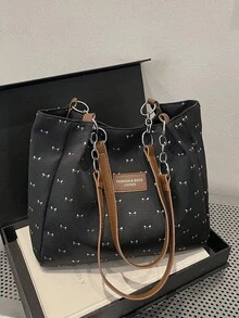 时尚条纹手提包 - 女士大容量单肩包 - 拉链托特包，适合日常使用 - 简约链条单肩托特包，适合青少年女孩、大学生、职场新人及白领，完美适用于办公室、工作、商务、通勤，是女士最佳工作包之选，闪亮图案 - 黑色 - 查看 4