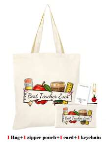 1件/2件/4件套，大容量教师主题帆布手提袋和便携式拉链铅笔盒收纳袋套装，附赠感谢卡和苹果钥匙扣帆布组合套装，返校季、毕业季、教师节必备礼物，多功能购物袋、书包、文具袋套装 - 米色 - 查看 54