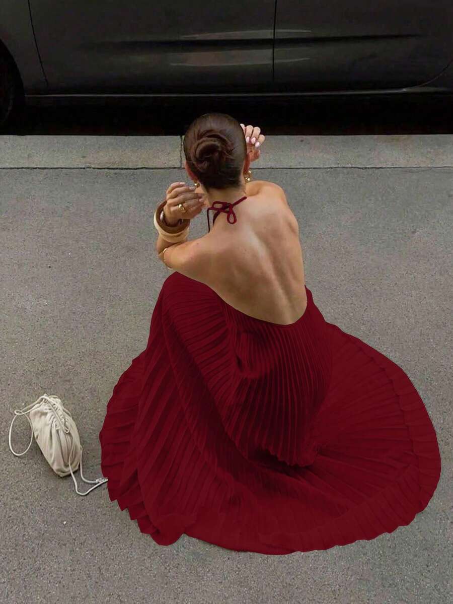 2026 Frühling/Sommer Neue modische elegante Casual Pendler Alltag Urlaub Reise Tee Party Rückenfreies Plissee Kleid, geeignet für Valentinstag, Party, Neujahr