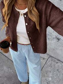 Women's Elegant French Romantic Casual Loose Knit Cardigan Sweater, Minimalist Design For Autumn/Winter - Coffee Brown - View 2