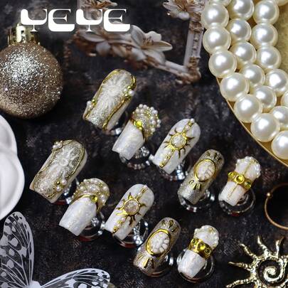 Get Romantic With 10pcs Press On Nails Set Square,Pearl White,Gold ,Faux Pearl,Sun-God, Full Cover Handmade Press On Nails Acrylic Kit,Charms Nail Supplies For Girls And Women With 1pc Mini Nail File & 1 Sheet Adhesive Tabs Modern White Nails,Party, Festivals,Wedding And Daily Wear Nail Art