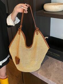 1个女士夏季草编包，时尚纯色手提包，假日度假沙滩包，简约复古大容量单肩托特包/水桶包 - 棕色 - 查看 3