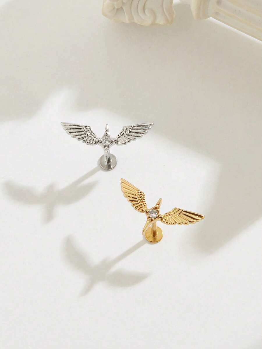 1件时尚简约翅膀星形钻石不锈钢耳钉，适合女性日常佩戴 - 翅膀 - 查看 1