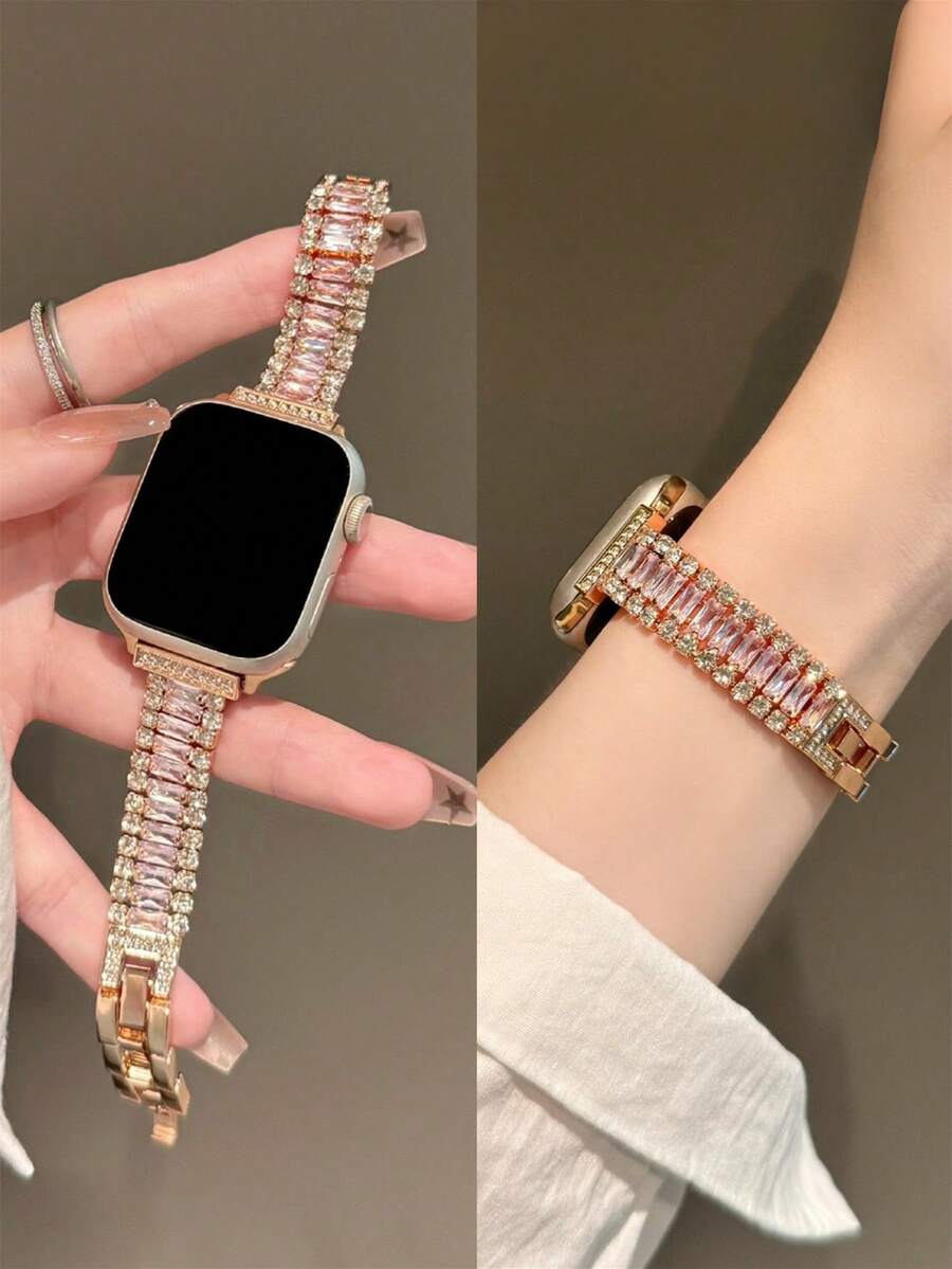 Banda de reloj de acero inoxidable con forma de diamante y de trigo compatible con Series Ultra2/Ultra/11/10/9/8/7/6/5/4/3/2/1/SE - Oro rosa - Ver 1