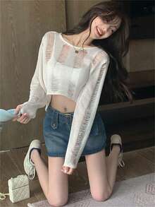 两件套女士针织罩衫，Y2K风格，性感休闲，轻盈镂空系带露脐上衣，适合海滩、度假、街头穿着，春夏皆宜 - 乳白色 - 查看 2