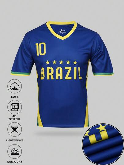 SURUIDA Brazil Blue Soccer Jersey & V-Neck Comfortable Sports Top, Suitable For Match, Football Training, Casual And Holiday Wear, Gift
