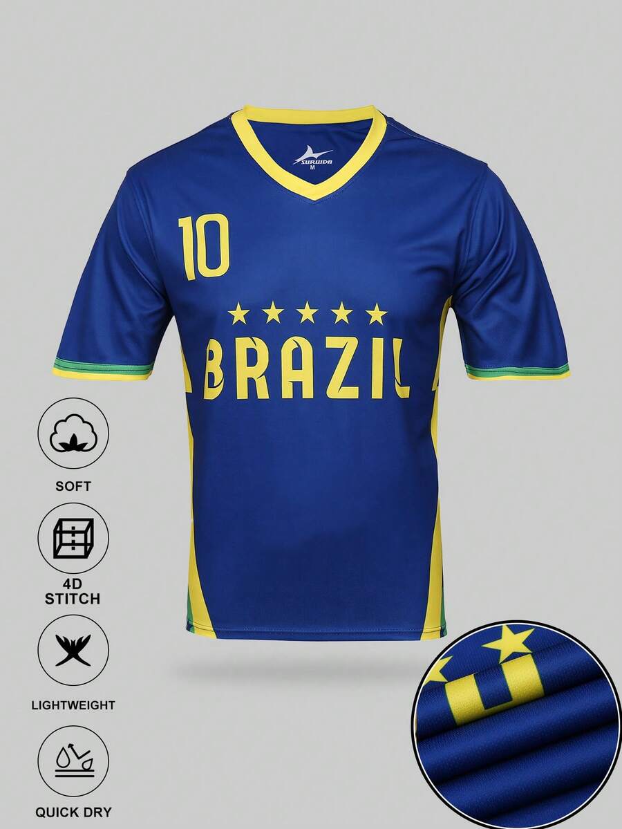 SURUIDA Brazil Blue Soccer Jersey & V-Neck Comfortable Sports Top, Suitable For Match, Football Training, Casual And Holiday Wear, Gift - Blue - View 1