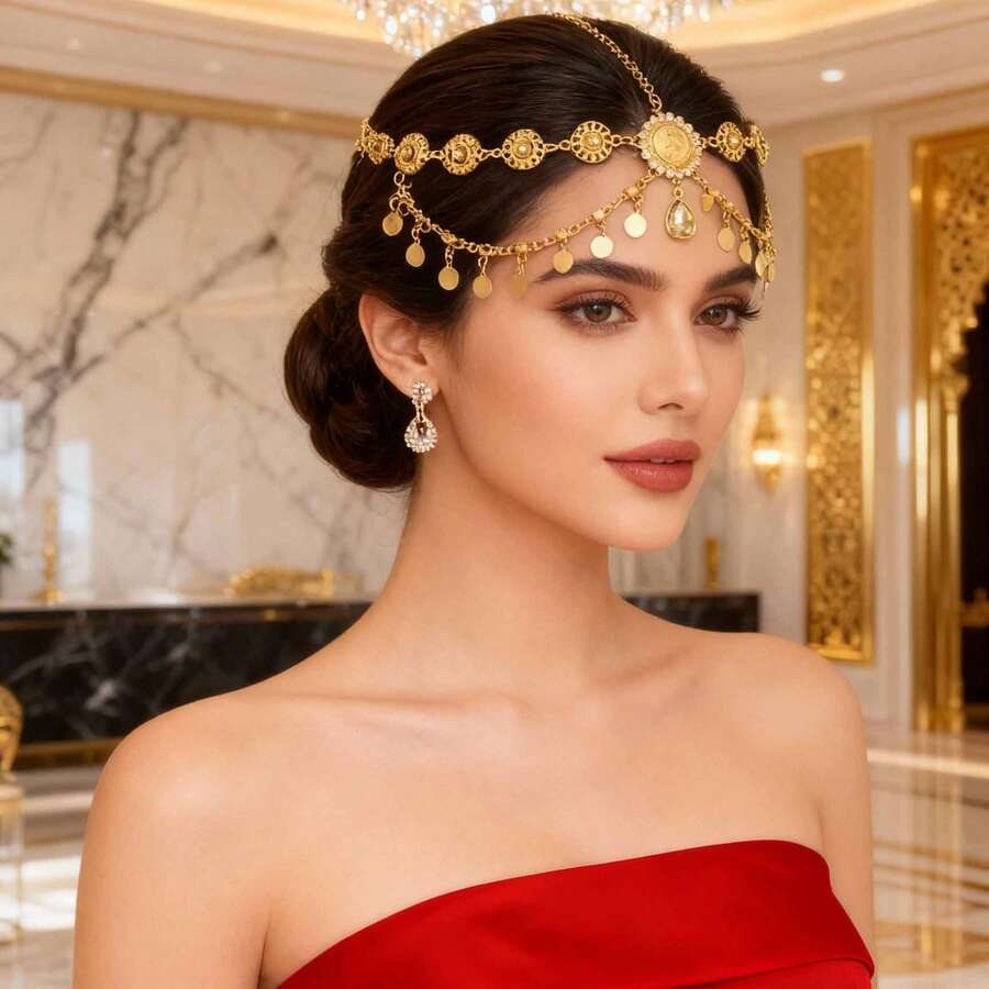 Bohemian Style Floral Crystal Pendant Coin Chain Multi-Layer Headpiece, Suitable For Weddings, Parties, Holidays, Gift For Friends And Girlfriends - Gold LNT0015-1 - View 1