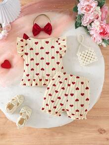 2pcs Baby Girls Heart Print Top And Casual Shorts Set With Headband, Sweet Little Girl Outfit - Apricot - View 3