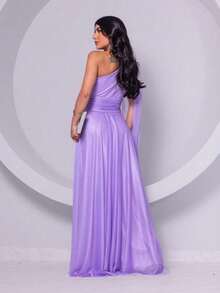 Women's Tulle Crystal Dress Shiny Color Long One Shoulder One Sleeve Long Cape Fashion Prom Party Social - Màu đỏ tím - Xem 2