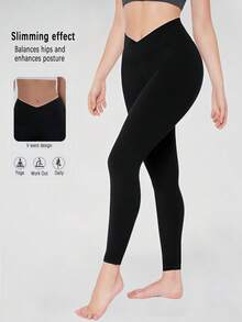 Women V-Cross Waist Tight Sport Pants Lift Buttocks Fitness Yoga Leggings High Waist Compression Workout Leggings, Criss-Cross Waist, Tummy Control, Pockets, Stretchy Fabric For Gym, Running, Training, Yoga Tights - 黑色 - 查看 10