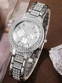 6pcs Luxurious And Elegant Women's Quartz Watch Set, Women's Silver Jewelry Set (Includes A Full-Rhinestone Silver Alloy Strap Chronograph Quartz Watch With A Rhinestone-Studded Dial, Heart-Shaped Rhinestone Silver Bracelet, Single Rhinestone Pendant Silver Necklace, Rhinestone-Studded Silver Earrings, Rhinestone-Studded Silver Ring). - Silver - View 2