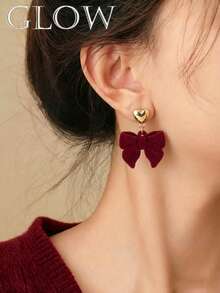 1 Pair Red Heart & Bow Metal Cute Sweet Retro Elegant Earrings, Suitable For Young Girls, Wear For New Year, Christmas, Daily, Festivals - Red - View 2