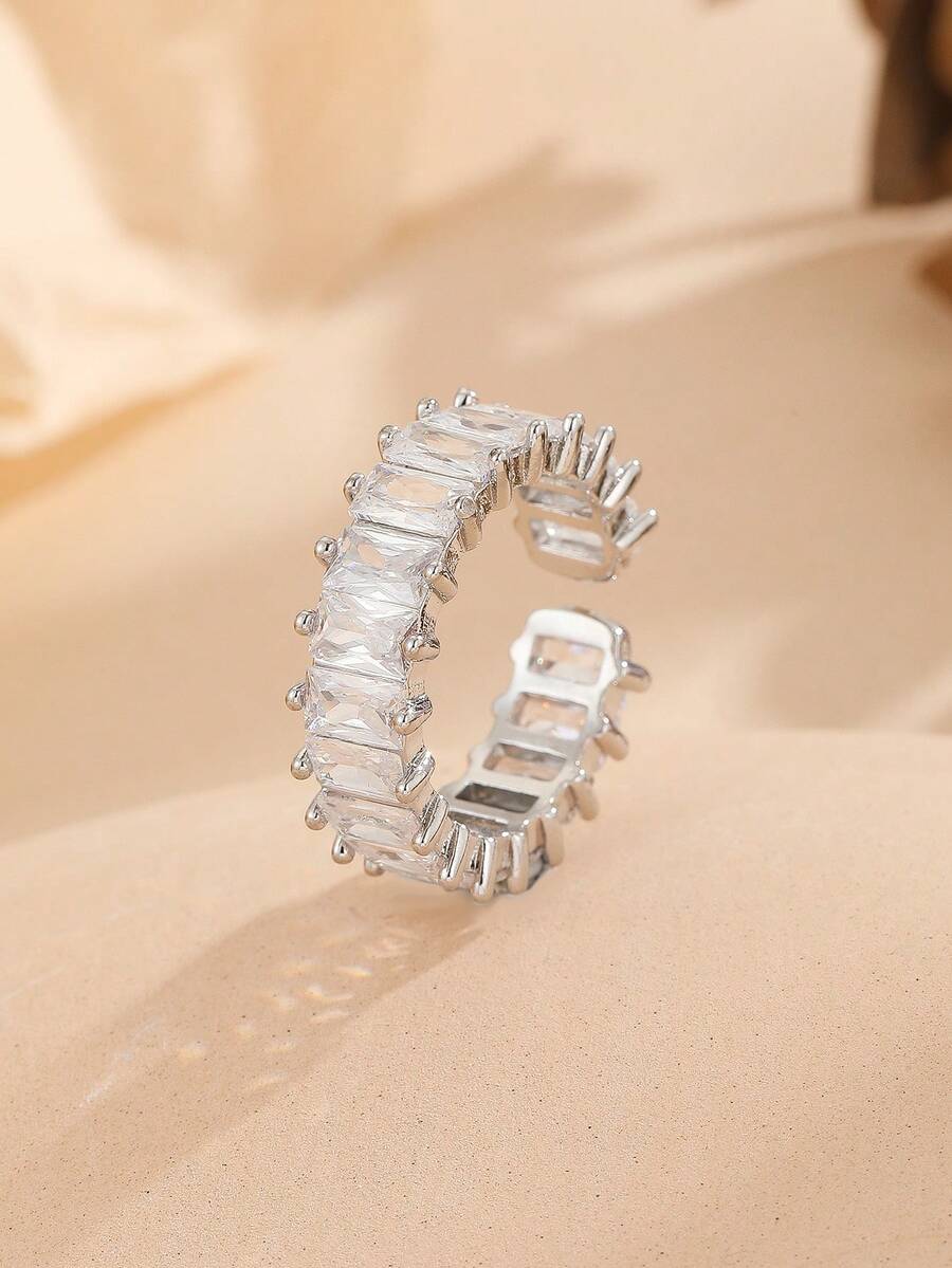 1pc Rectangular Fully Paved Crystal Ring, Fashionable Luxury Exquisite Niche Design Adjustable Women's Ring - Yellow Gold - View 1