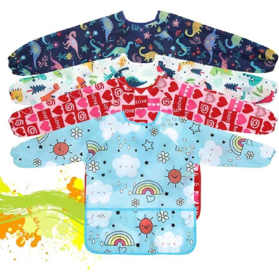 4 Delantales Impermeables para Niños y Niñas, Bata de Arte con 3 Bolsillos, Mangas Largas Antimanchas para Pintar, Cocinar, Jugar y Aire Libre (2-10 Años),40853783 - Multicolor - Ver 1