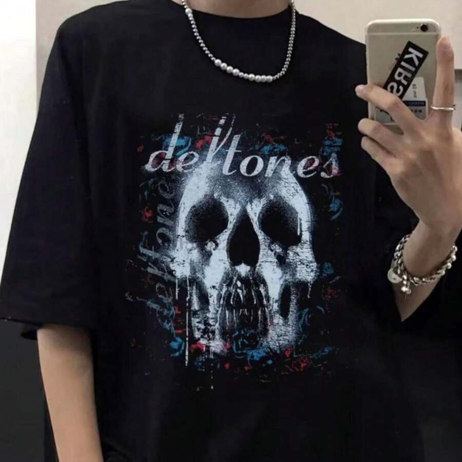 New De Ftones T-Shirt De Ftones Skull Black Band Concert Shirt Vintage Rock Tee Top Men39s Punk Hip Hop Gothic Horror Movi - màu đen - Xem 1