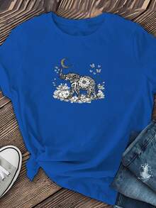 Camiseta casual de cuello redondo con estampado vintage de elefante |     Estampado animal minimalista, perfecto para uso diario, fiestas, atuendos casuales y entusiastas de las vacaciones - Apto para todas las estaciones - Lavable en máquina - Azul - Ver 2