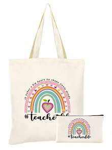 10/5/4/2pcs/1pc/Set Teacher Themed Canvas Tote Bag, Shopping Bag, Zipper Pouch, Appreciation Card, Apple Keychain Canvas Gift Set, Suitable For Back To School, Graduation, Teacher's Day, Multi-Purpose Shopping Bag, Book Bag, Stationery Pouch Set, Portable For SPA, Party, Gym, Travel, Cosmetic Organizer - Beige - View 67