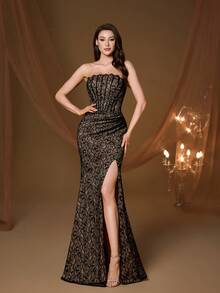 Đầm phù dâu không dây vai bằng ren thanh lịch mới với viền xếp ly và dây buộc ren, xẻ tà cao, phù hợp cho dạ hội, đám cưới, tiệc tùng, khách dự đám cưới, váy dạ hội mùa xuân. - màu đen - Xem 5