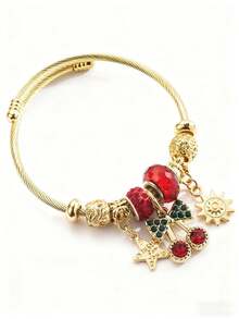 1 Peça Pulseira com Vários Pendentes de Cereja, Pulseira com Pingente de Coração Oco, Pulseira com Pingente de Estrela e Sol, Pulseira de Contas com Furo Grande, Adequada para Uso Diário, Presente, Dia das Mães, Dia dos Namorados, Pulseira Versátil de Presente - Pulseira - Visão 7