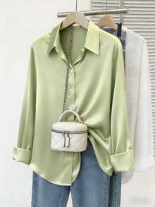 Fashionable Women's Satin Button-Up Shirt, New Arrival, Casual, All Season - Oil Green - View 2
